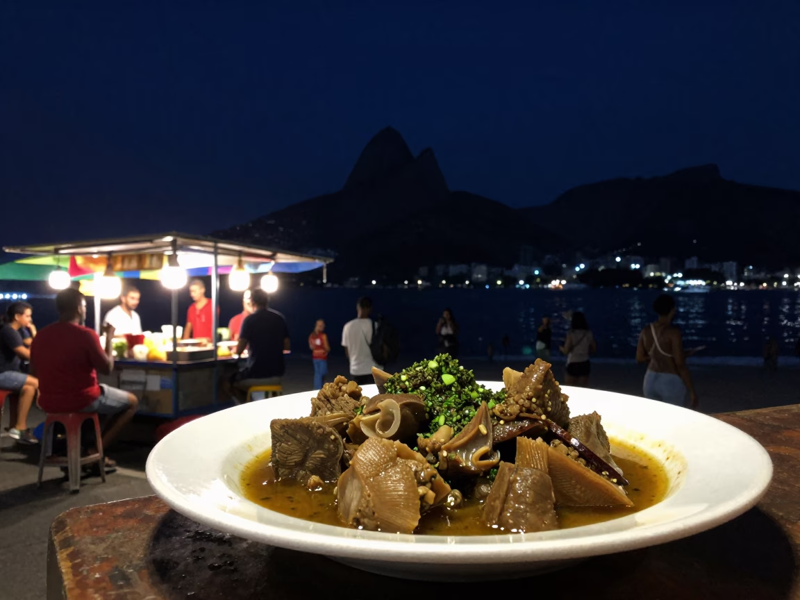 Rio de Janeiro Night Street Scene with Food Stall and Urban Life in in Rio de Janeiro, Brazil