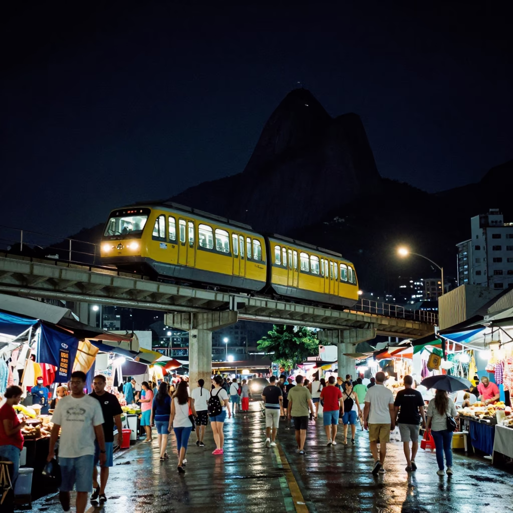 Rio de Janeiro Night Street Scene with Monorail and Local Market Activity in in Rio de Janeiro, Brazil