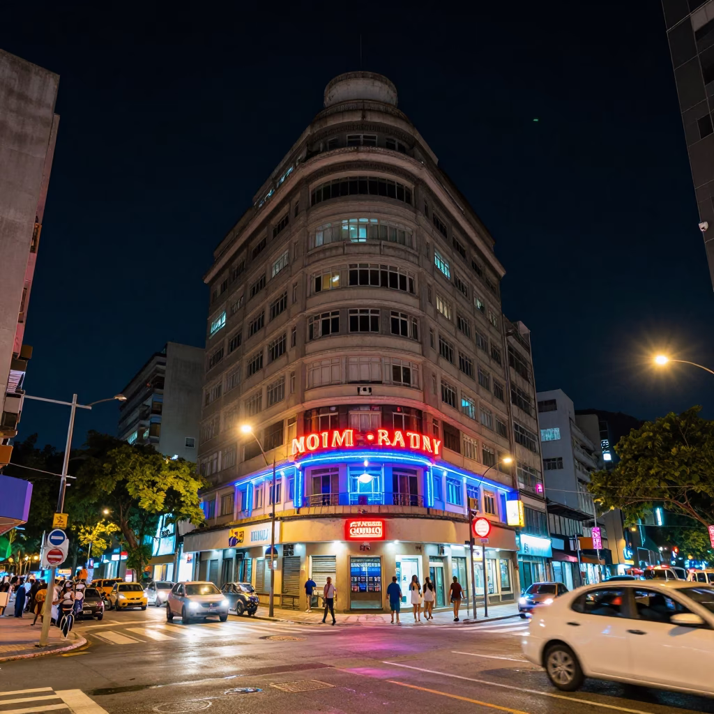 Rio de Janeiro Night Street Scene with Neon Lights and Urban Architecture in in Rio de Janeiro, Brazil