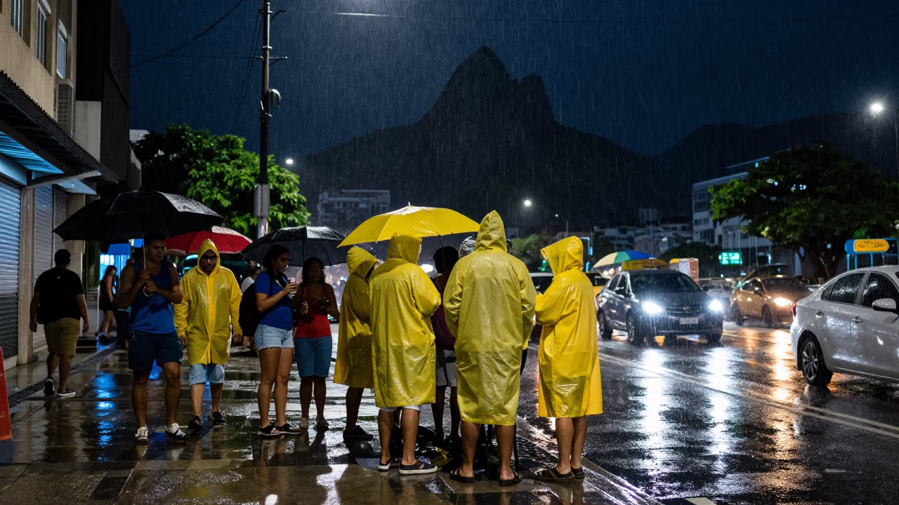 Rio de Janeiro Night Street Scene with Raincoats and Local Life in in Rio de Janeiro, Brazil