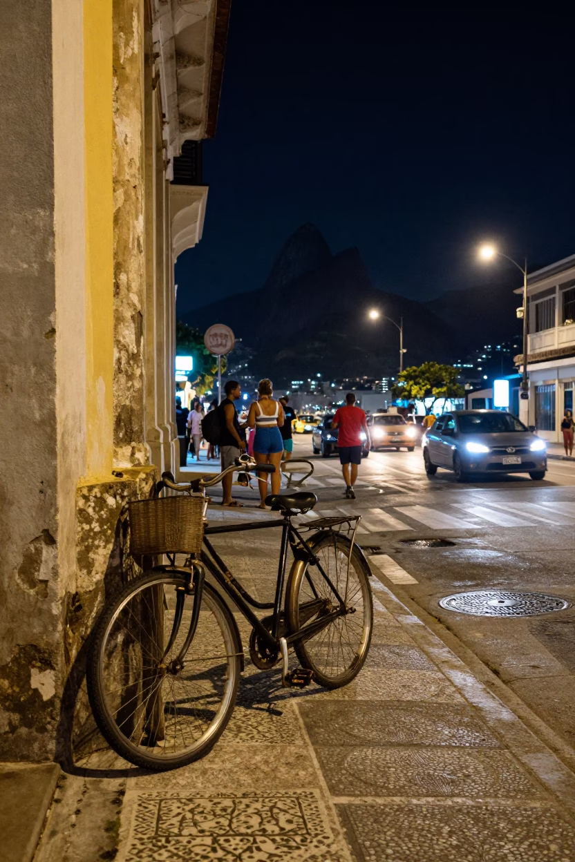 Rio de Janeiro Night Street Scene with Vintage Bicycle and Neon Lights in in Rio de Janeiro, Brazil