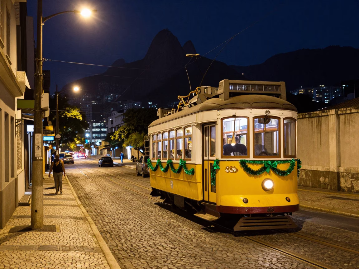 Rio de Janeiro Night Street Scene with Vintage Tramcar and City Lights in in Rio de Janeiro, Brazil