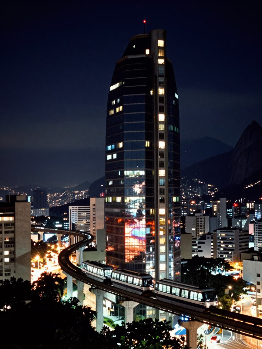 Rio de Janeiro Night View of Monorail Reflection in Glass Skyscraper Overpass Taillights in in Rio de Janeiro, Brazil