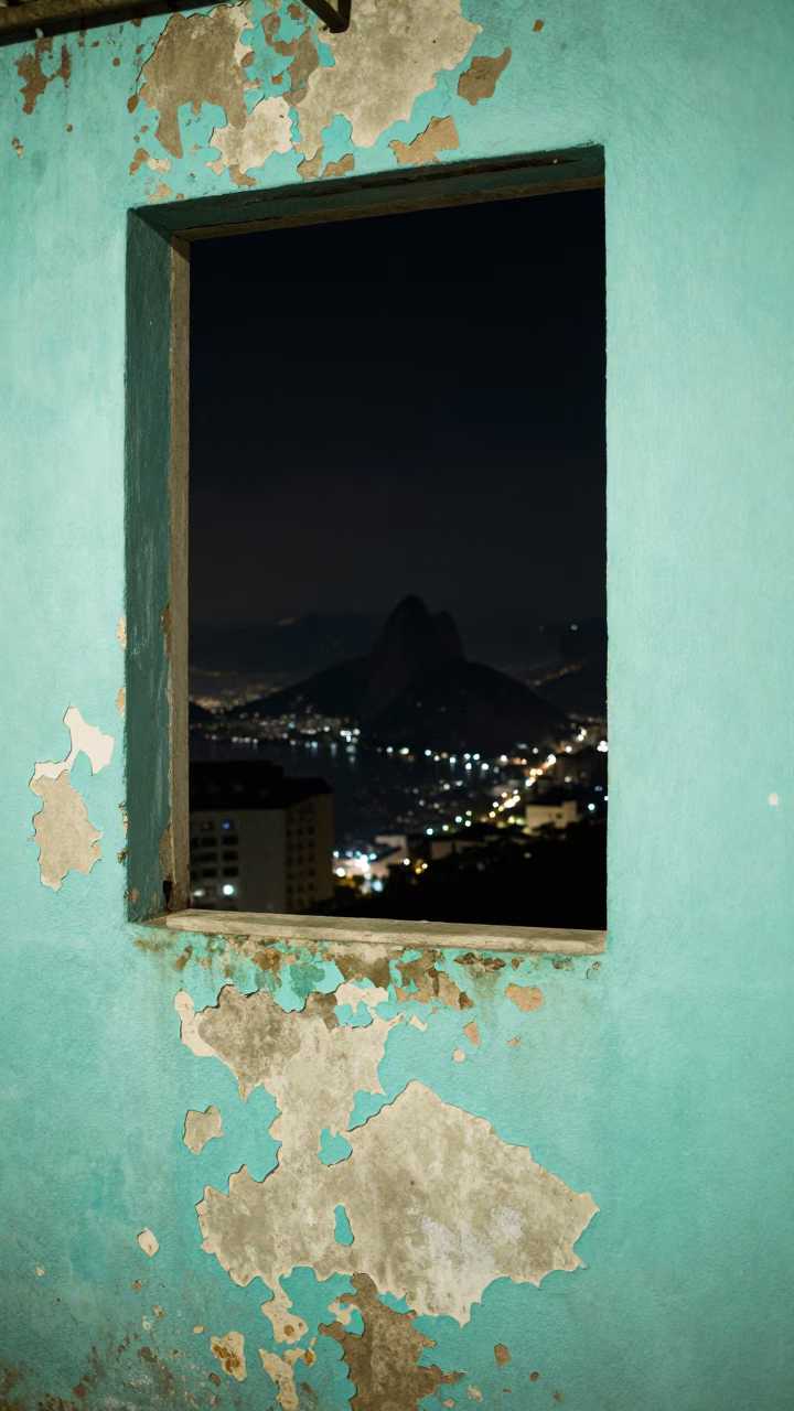 Rio de Janeiro Night View with Peeling Turquoise Walls and Distant Cargo Ship Horizon in in Rio de Janeiro, Brazil