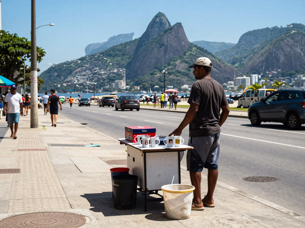 Rio de Janeiro Noon Street Scene with Coffee Mugs and Shoebox on Concrete Sidewalk in in Rio de Janeiro, Brazil