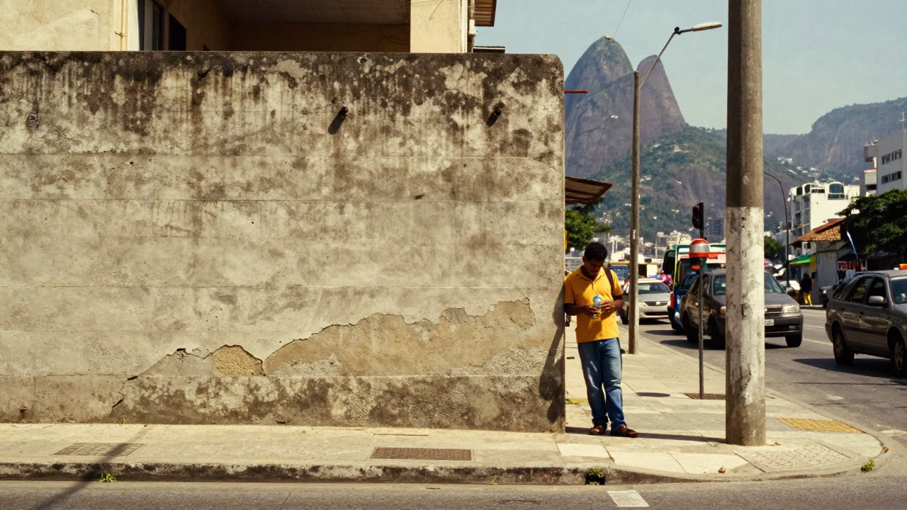 Rio de Janeiro Noon Street Scene with Water Bottle and Concrete Architecture in in Rio de Janeiro, Brazil