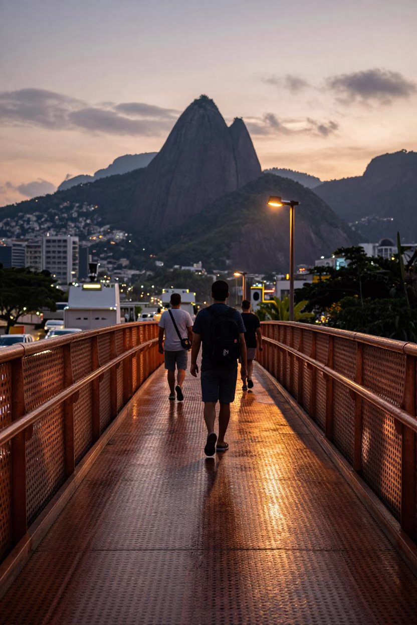 Rio de Janeiro Pedestrian Overpass Perforated Metal Before Dusk with Wet Footsteps in in Rio de Janeiro, Brazil