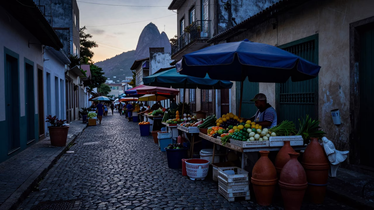 Rio de Janeiro Pre-Dawn Street Market with Terracotta Pots and Plaster Walls in in Rio de Janeiro, Brazil