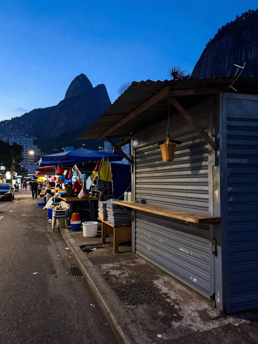 Rio de Janeiro Pre-Dawn Street Scene with Local Market Details in in Rio de Janeiro, Brazil
