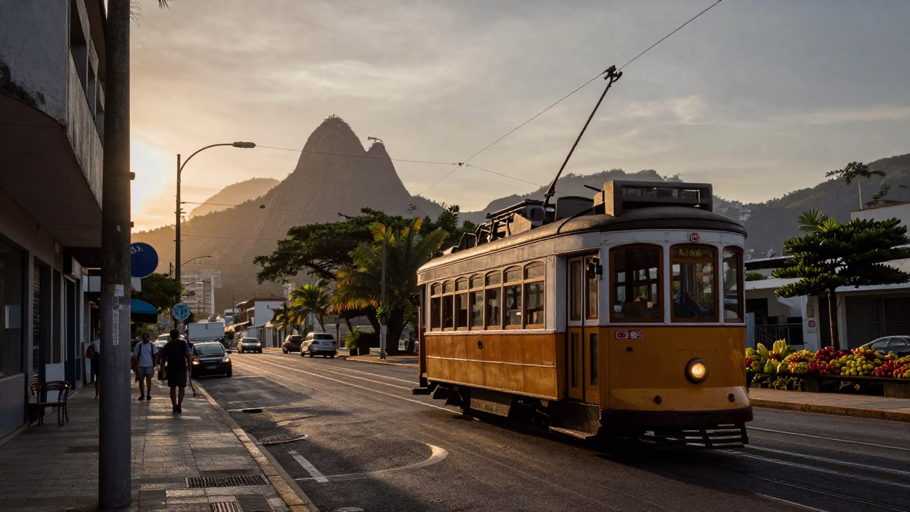 Rio de Janeiro Pre-Dawn Street Scene with Tram and Tropical Fruit in in Rio de Janeiro, Brazil