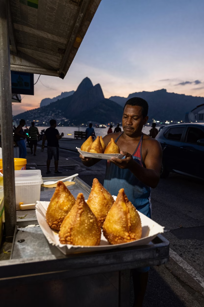 Rio de Janeiro Predawn Street Scene with Golden Fried Coxinhas and Urban Taillights in in Rio de Janeiro, Brazil