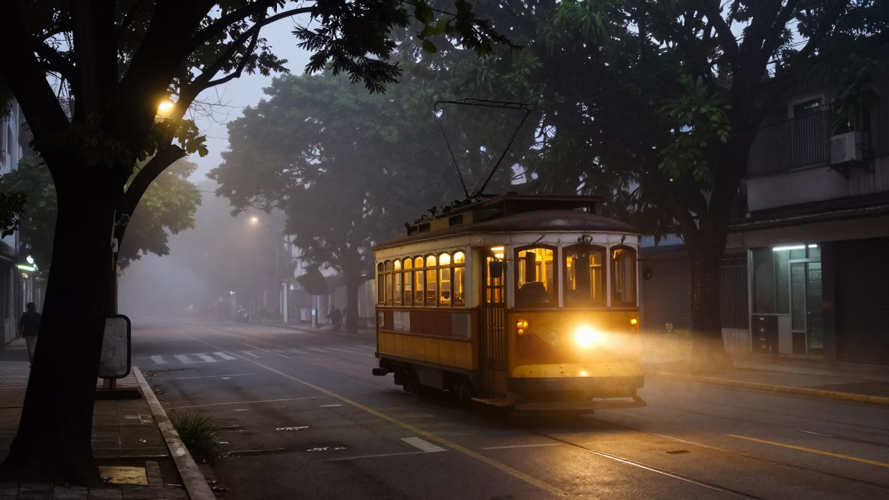 Rio de Janeiro Predawn Street Scene with Old Trolley and Foggy Mountain Valley Background in in Rio de Janeiro, Brazil