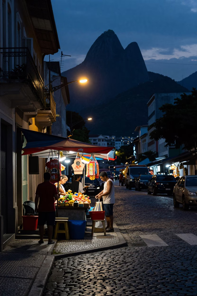 Rio de Janeiro Predawn Street Scene with Vintage Decor and Local Activity in in Rio de Janeiro, Brazil