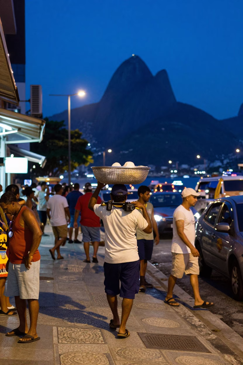 Rio De Janeiro Street Corner at The Last Blue Light Of Evening in in Rio de Janeiro, Brazil
