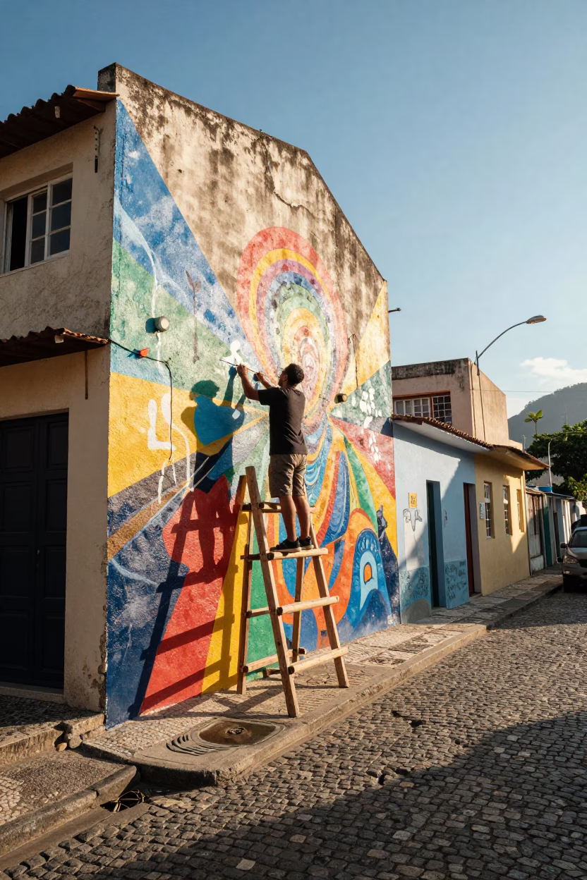 Rio de Janeiro Street Mural Painting in Late Afternoon Light Candid Moment in in Rio de Janeiro, Brazil