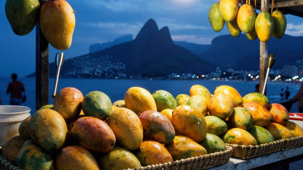 Rio de Janeiro Street Scene at Blue Hour with Mangoes and Whisks in in Rio de Janeiro, Brazil