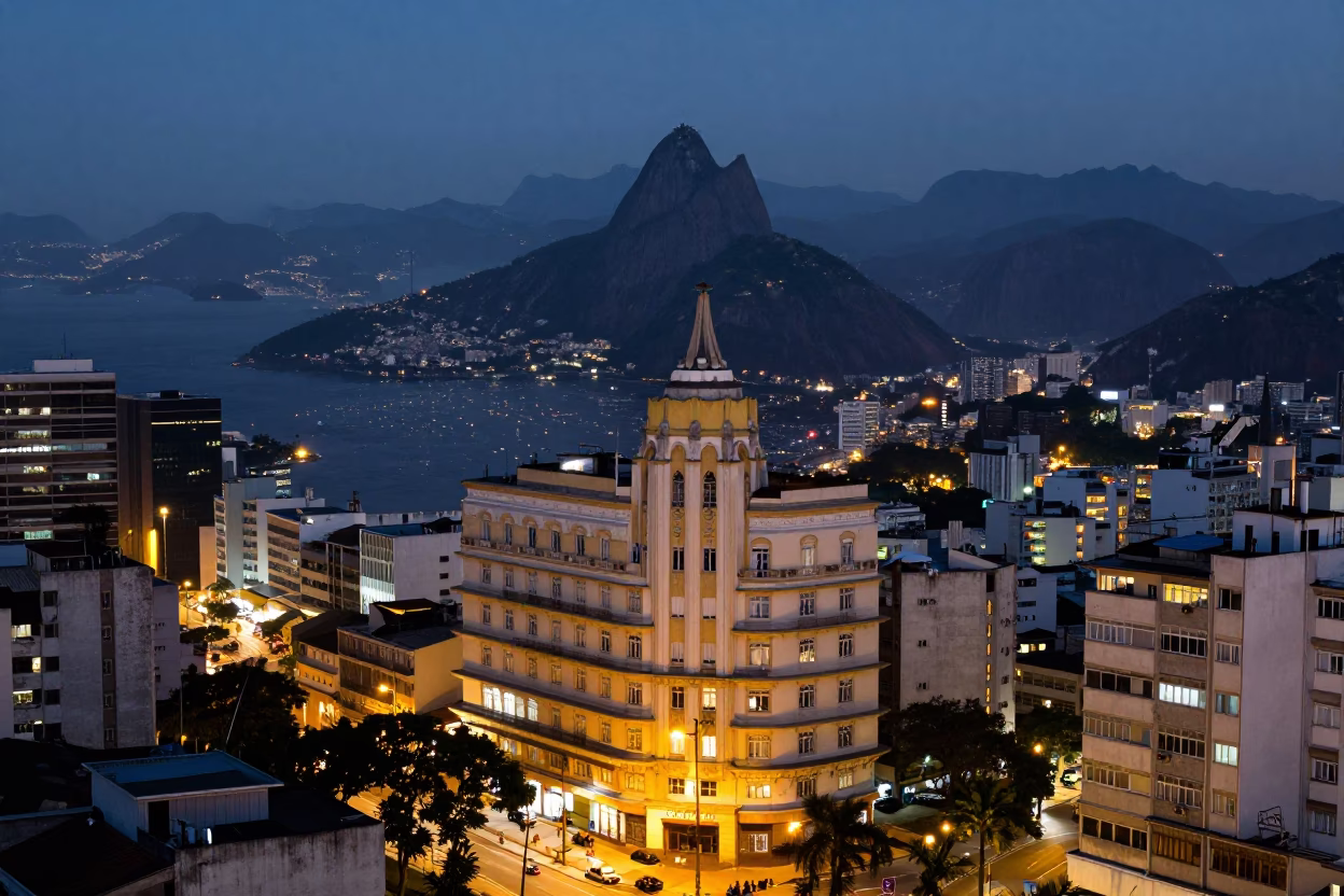 Rio de Janeiro Street Scene at Dusk with Art Deco Hotel and Acai Bowl in in Rio de Janeiro, Brazil