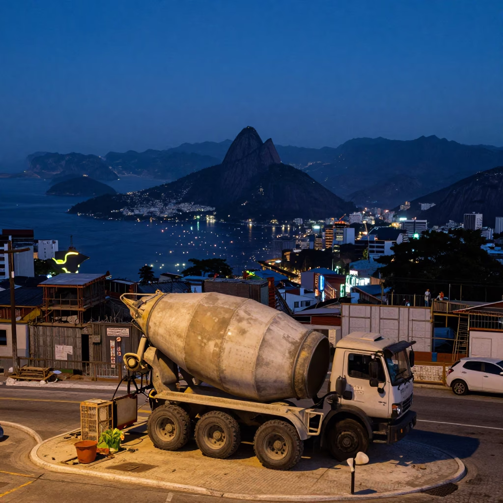 Rio de Janeiro street scene at dusk with construction and local commerce in in Rio de Janeiro, Brazil