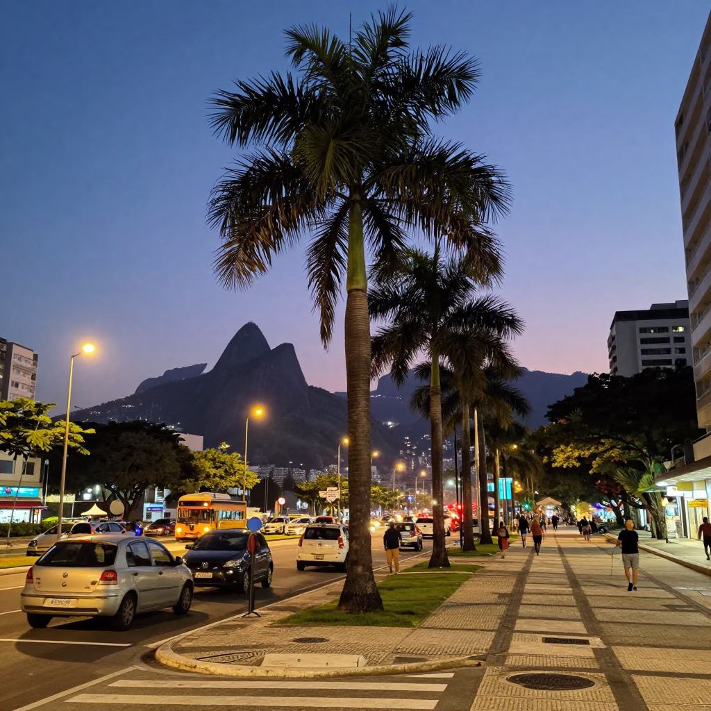 Rio de Janeiro Street Scene at Dusk with Palm Trees and City Lights in in Rio de Janeiro, Brazil