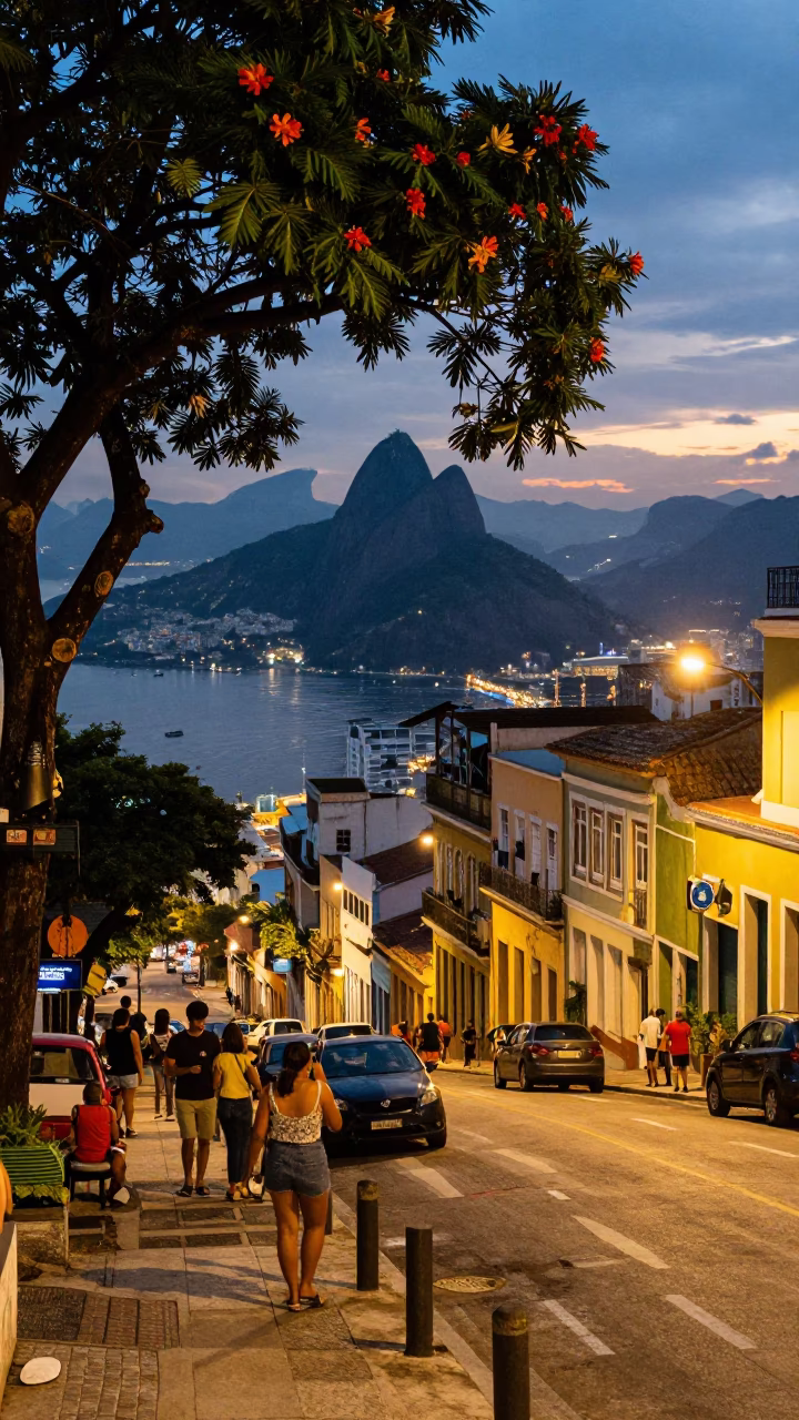 Rio de Janeiro Street Scene at Dusk with Tamarind Tree and Bicycle in in Rio de Janeiro, Brazil