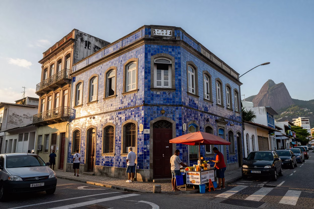 Rio de Janeiro Street Scene at Nautical Dawn with Local Vendor and Colorful Facade in in Rio de Janeiro, Brazil