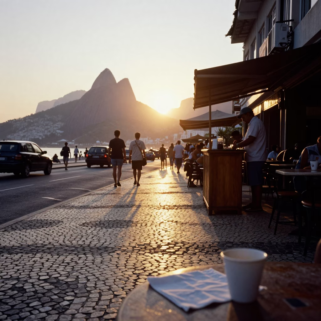 Rio de Janeiro Street Scene at Sunset with Cup and Linen Fringe in in Rio de Janeiro, Brazil