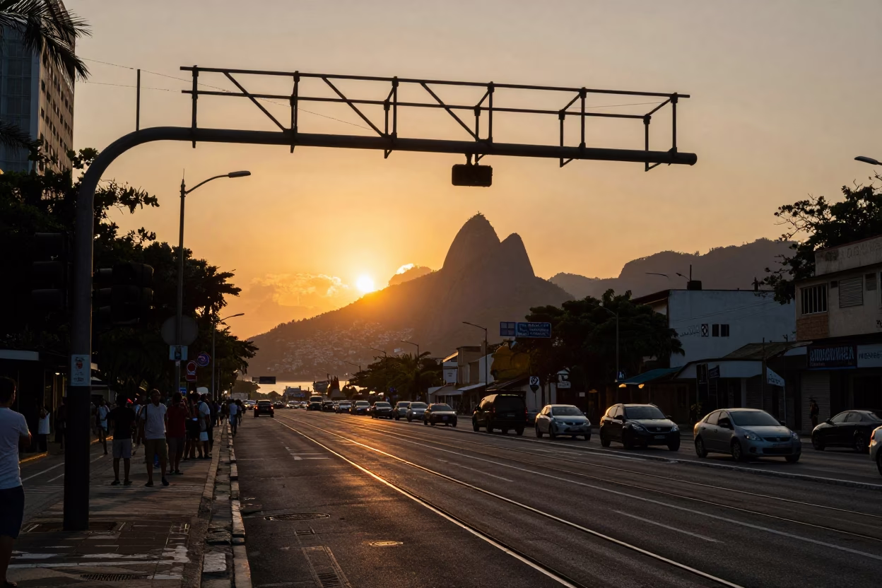 Rio de Janeiro Street Scene at Sunset with Signal Gantry and Rail Lines in in Rio de Janeiro, Brazil