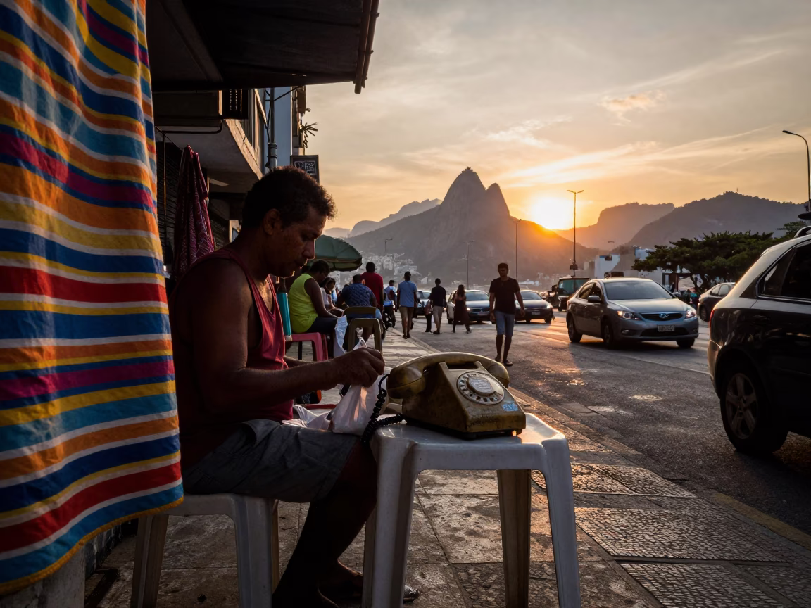 Rio de Janeiro street scene at sunset with striped fabric and vintage Bakelite telephone in in Rio de Janeiro, Brazil