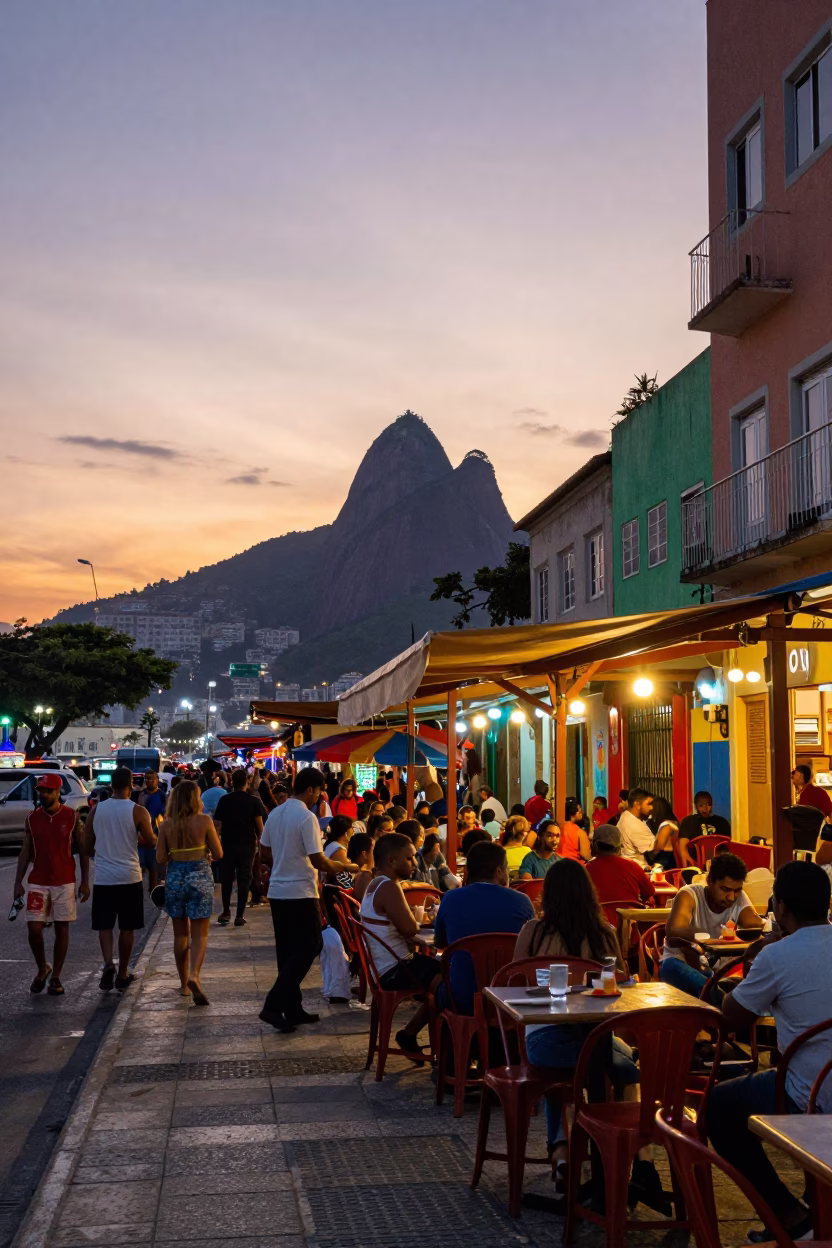Rio de Janeiro street scene at sunset with vibrant commerce and local life in in Rio de Janeiro, Brazil