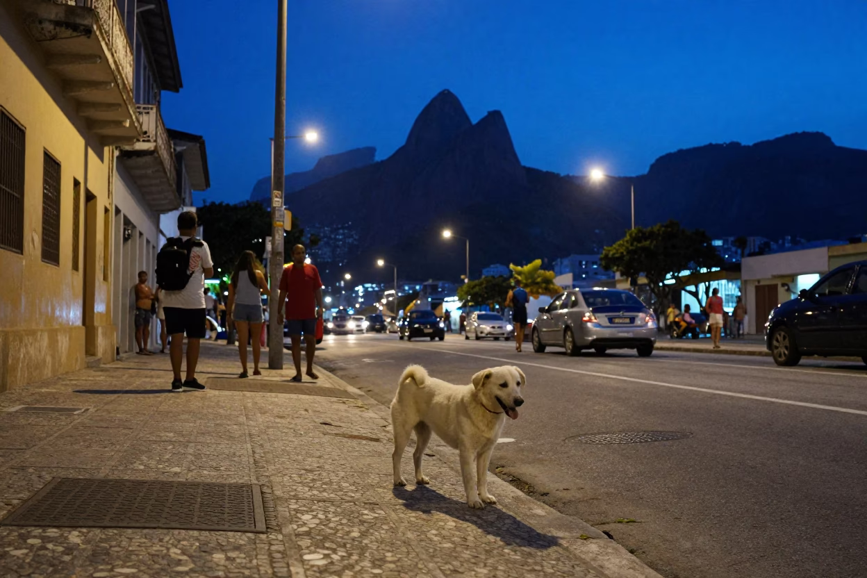 Rio De Janeiro Street Scene at The Last Blue Light Of Evening in in Rio de Janeiro, Brazil