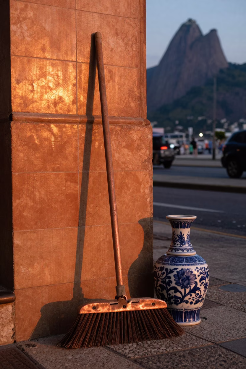 Rio de Janeiro Street Scene Copper Light Broom and Blue Porcelain Jar in in Rio de Janeiro, Brazil