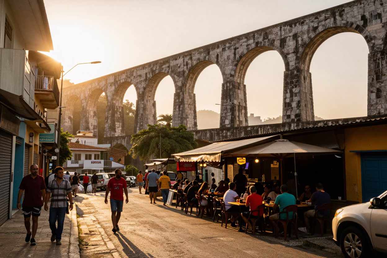 Rio de Janeiro Street Scene Golden Hour Aqueduct Haze and Local Life in in Rio de Janeiro, Brazil