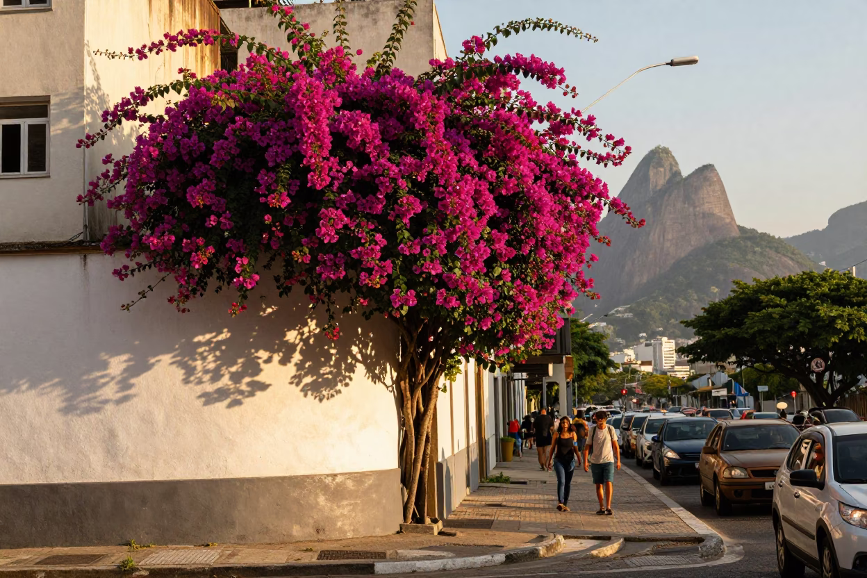 Rio de Janeiro Street Scene Late Afternoon with Bougainvillea and Busy Traffic in in Rio de Janeiro, Brazil