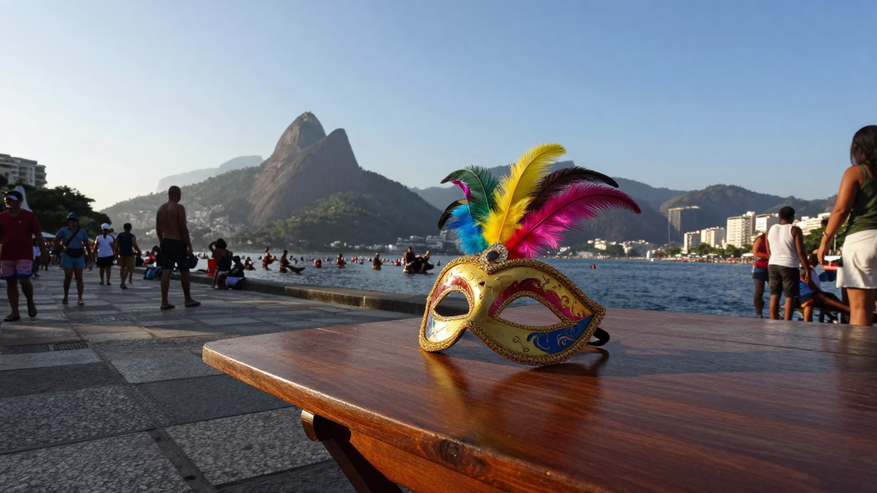 Rio de Janeiro Street Scene Late Afternoon with Carnival Mask on Wooden Table in in Rio de Janeiro, Brazil