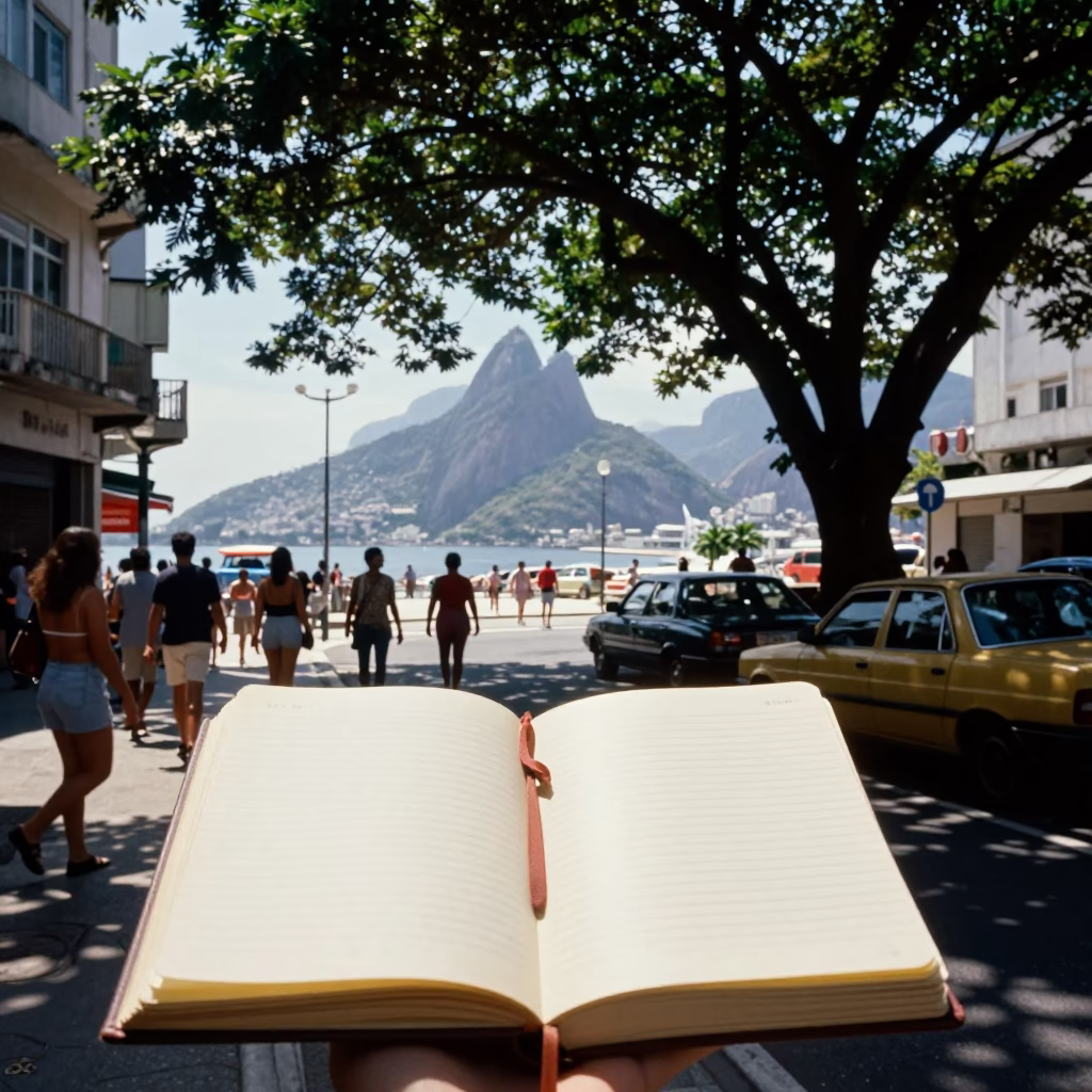 Rio de Janeiro Street Scene Midday with Vintage Notebook and Local Interaction in in Rio de Janeiro, Brazil