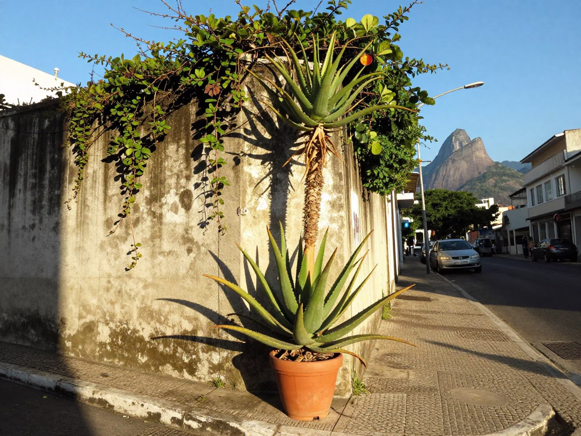 Rio de Janeiro Street Scene with Aloe Vera Plant in Bright Late Afternoon Sunlight in in Rio de Janeiro, Brazil