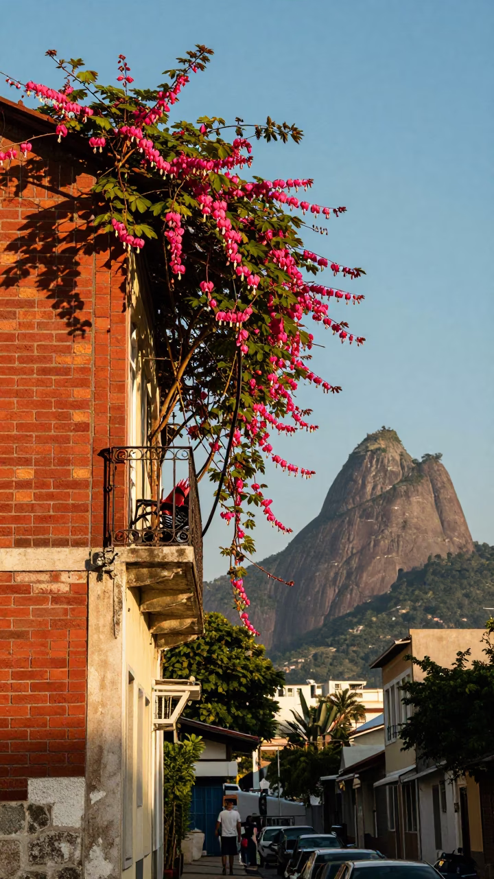 Rio de Janeiro street scene with bleeding heart vine and local life in in Rio de Janeiro, Brazil