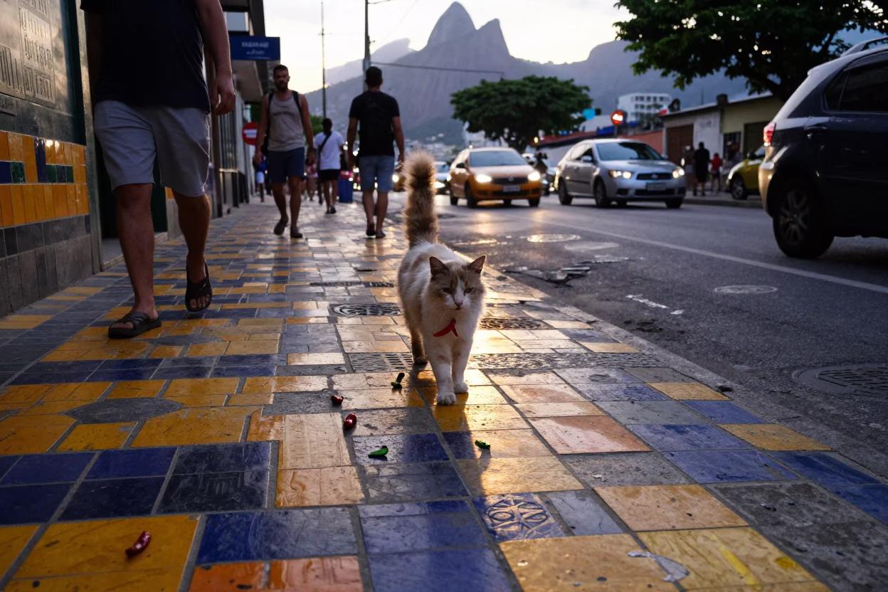 Rio de Janeiro Street Scene with Highland Cat and Chili Peppers at Dusk in in Rio de Janeiro, Brazil