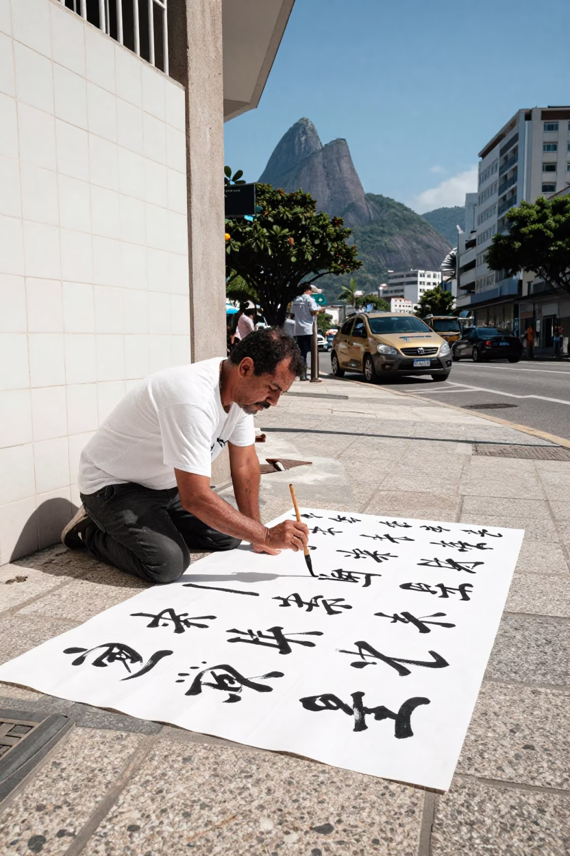 Rio de Janeiro street scene with traditional calligraphy demonstration in bright midmorning light in in Rio de Janeiro, Brazil