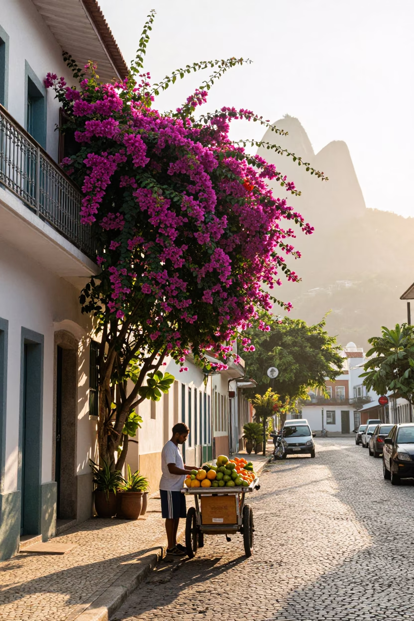 Rio de Janeiro street scene with vibrant bougainvillea and morning light in in Rio de Janeiro, Brazil