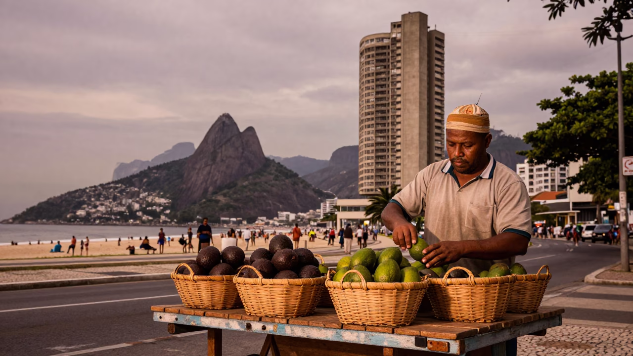 Rio de Janeiro Street Scene with Woven Baskets and Avocados in Copper Light in in Rio de Janeiro, Brazil