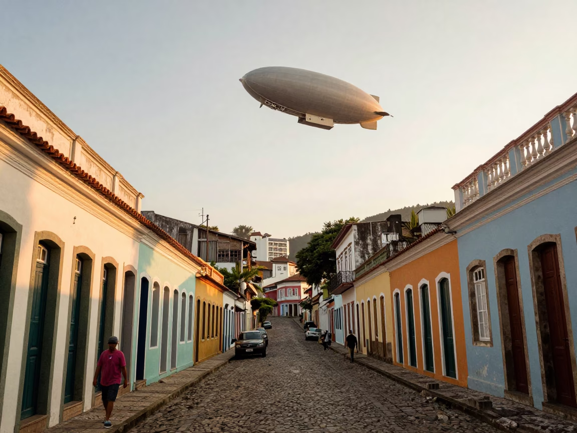 Rio de Janeiro street scene with zeppelin airship over colorful colonial buildings at dawn in in Rio de Janeiro, Brazil