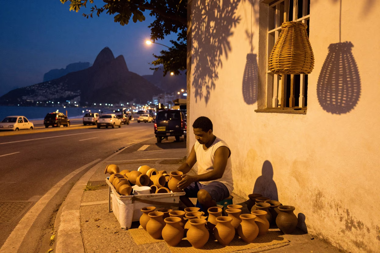Rio de Janeiro street vendor at dusk with clay pots and wicker shadows in in Rio de Janeiro, Brazil