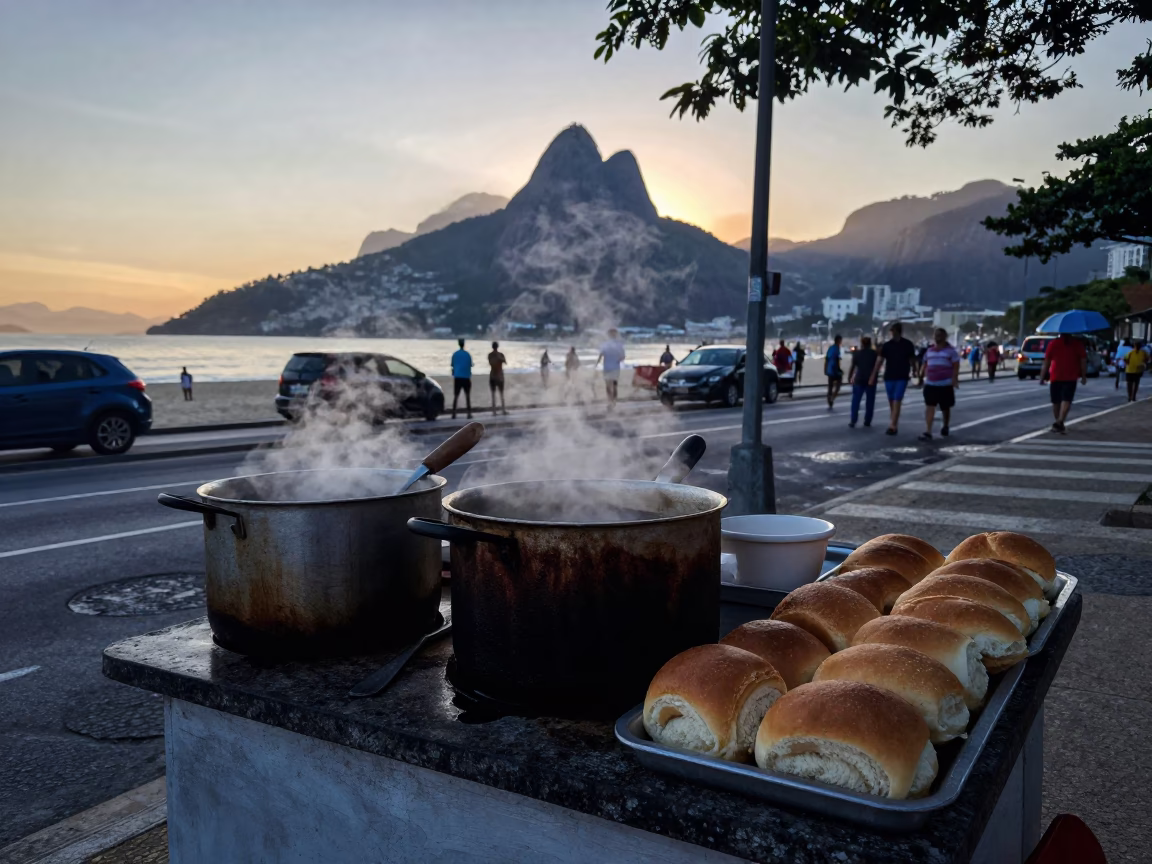 Rio de Janeiro street vendor breakfast stall before sunrise with stone observatory backdrop in in Rio de Janeiro, Brazil