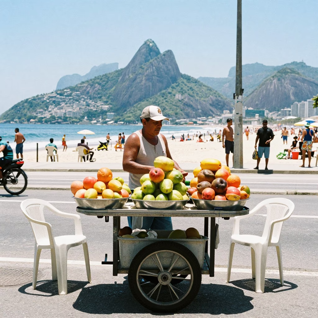 Rio de Janeiro street vendor noon light fruit bowl plastic chairs in in Rio de Janeiro, Brazil