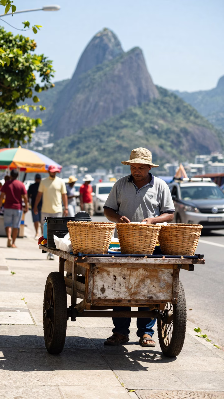 Rio de Janeiro Street Vendor Noon Light Wicker Basket Local Market Scene in in Rio de Janeiro, Brazil