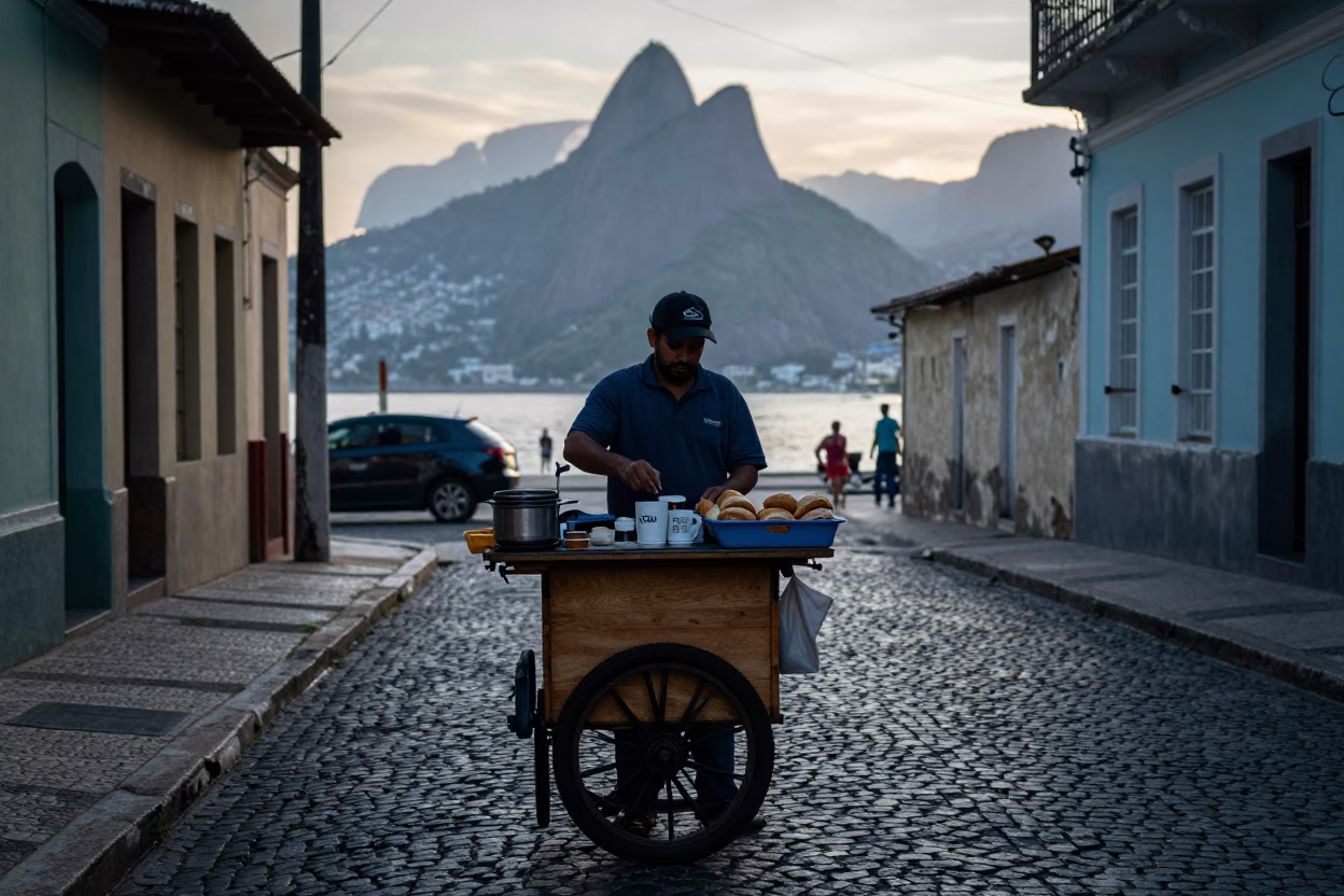 Rio de Janeiro street vendor preparing fresh coffee and pastries before sunrise in in Rio de Janeiro, Brazil