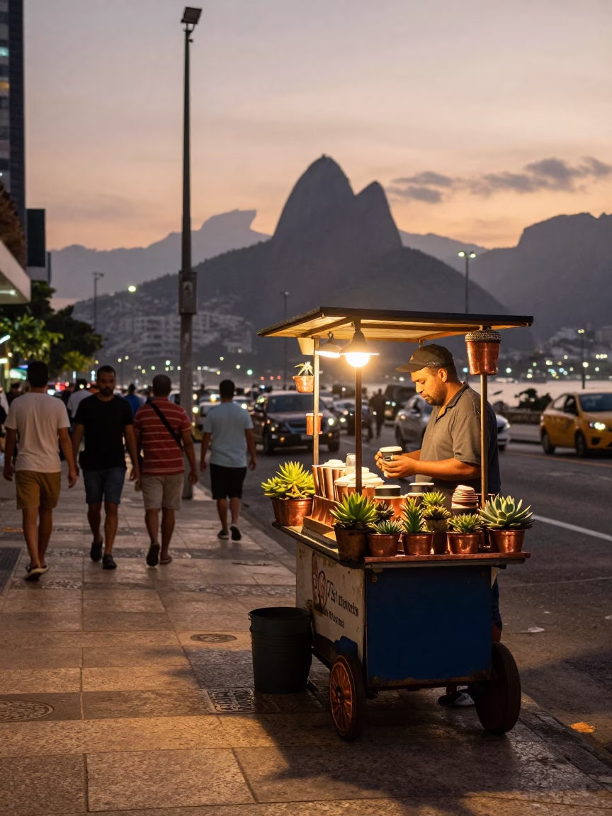 Rio de Janeiro street vendor selling coffee and succulents in copper-toned dusk light in in Rio de Janeiro, Brazil