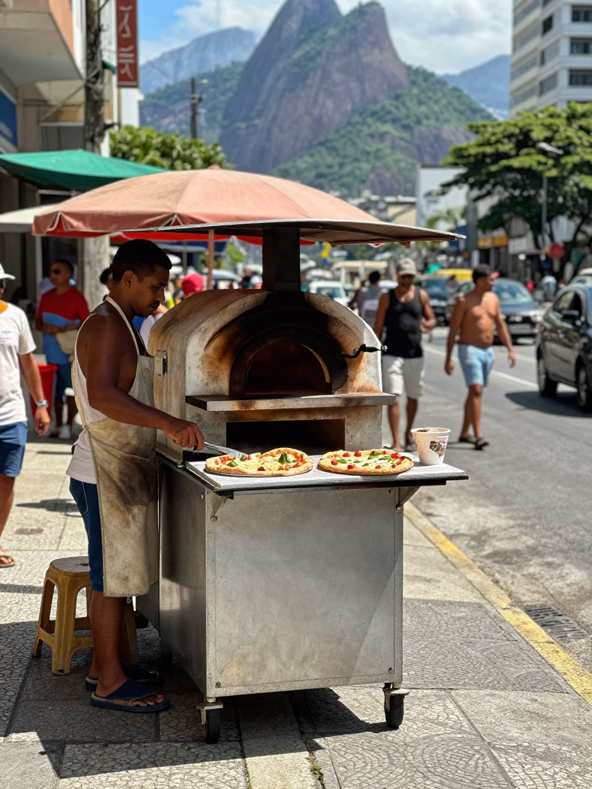 Rio de Janeiro street vendor selling fresh wood-fired pizza in bright midmorning sunlight in in Rio de Janeiro, Brazil