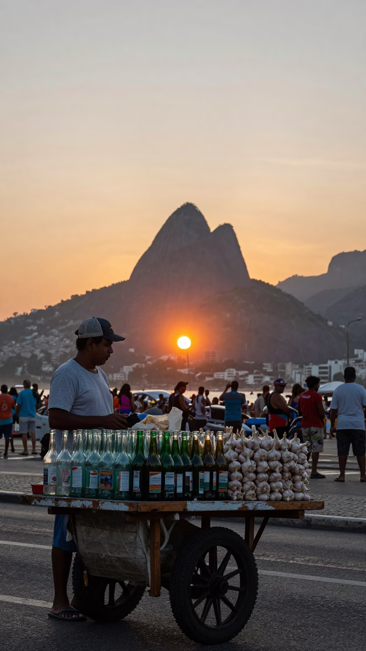 Rio de Janeiro street vendor selling garlic and glass bottles at sunset in in Rio de Janeiro, Brazil